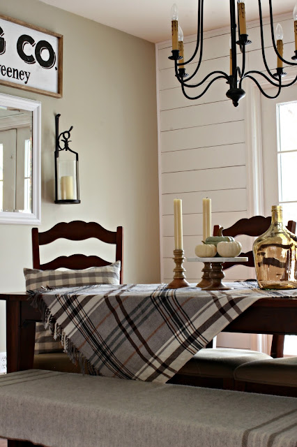 DIY farmhouse style dining room with planking and french doors - www.goldenboysandme.com