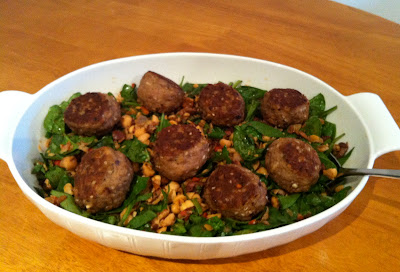 Sesame turkey meatballs over spinach chickpea salad @ SouthernSpoonBlog