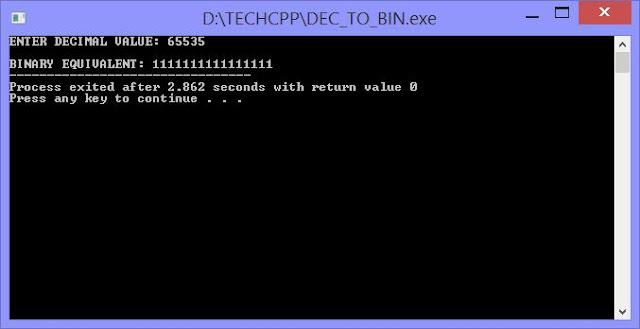C++ Program to perform Decimal to Binary Conversion with output