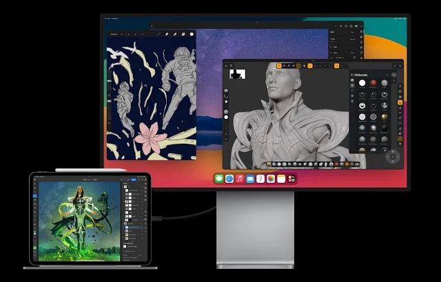Illustration of the 2024 iPad Pro connected to an external display showing various professional applications for graphic design and 3D modeling.