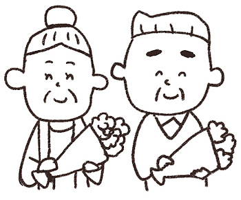 敬老の日のイラスト「花とおじいさん・おばあさん」 線画