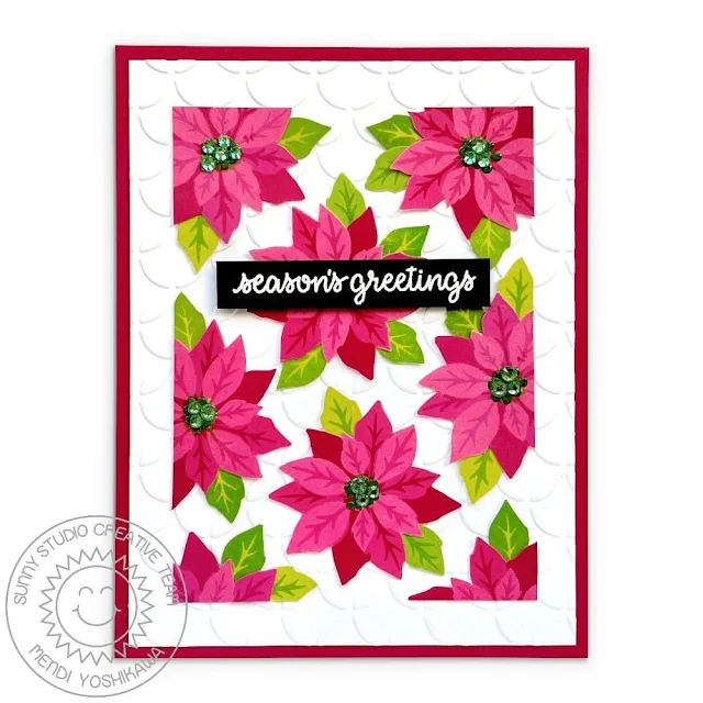 Sunny Studio Stamps Embossed Christmas Card using Pretty Poinsettia, Inside Greetings Holiday & Moroccan Circles Embossing Folder