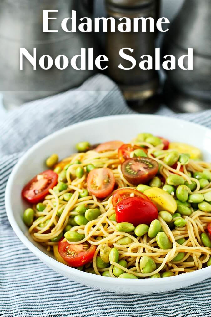 Edamame noodles salad with tomatoes and scallions