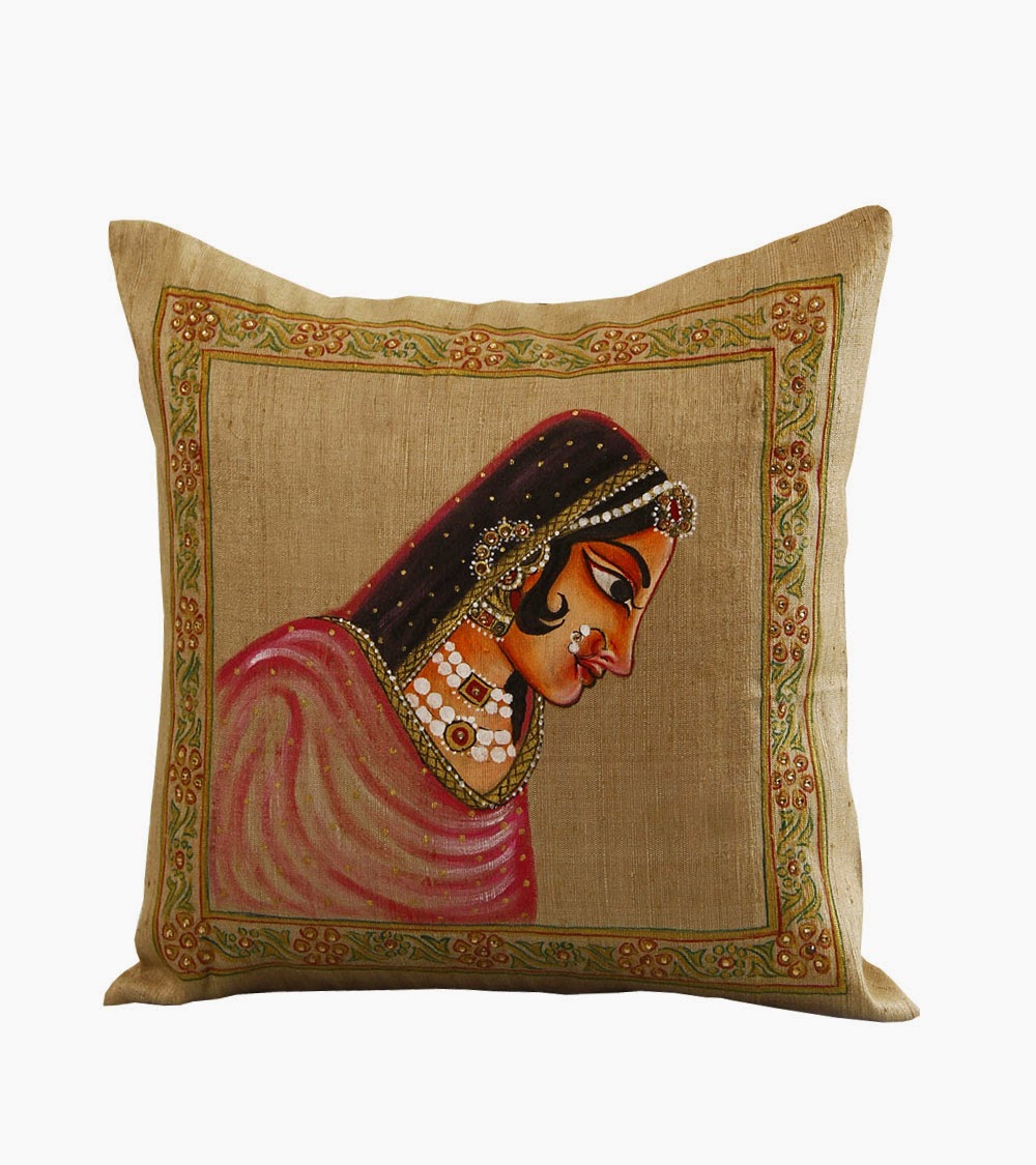 Maharani Beige Silk Hand Painted Cushion Covers