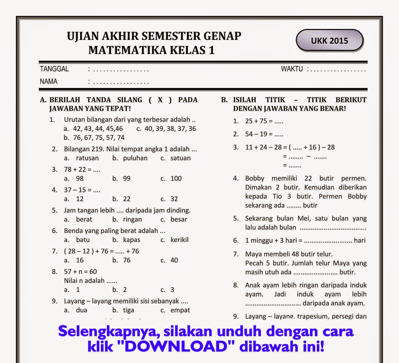 Contoh Soal Matematika Kelas 1 Sd Berat Badan