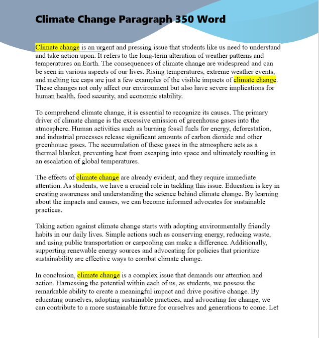 Climate Change Paragraph 350 Word, Climate Change, Paragraph