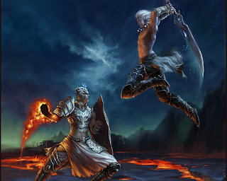 Two warriors, a human in armour casting a fireball spell and an elf wearing only trousers wielding a large sword, fighting against one another on a bleak landscape with streams of lava flowing by. It is implied that these are the characters of two players letting player conflict spill over into the game.