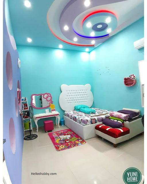 plafon kamar tidur anak variasi bulat tengah warna merah dan biru