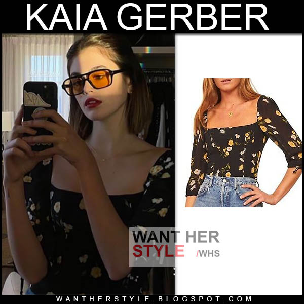 Kaia Gerber in black floral print top