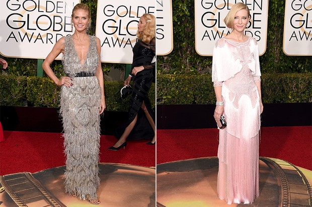 Heidi Klum e Cate Blanchett exibem seus modelitos com franjas no Globo de Ouro 2016 (Foto: AFP)