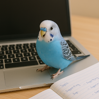 Curious blue budgie sitting on laptop keyboard supervising homework