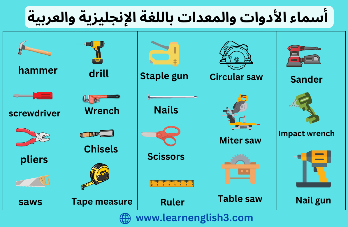 أسماء الأدوات والمعدات باللغة الإنجليزية والعربية