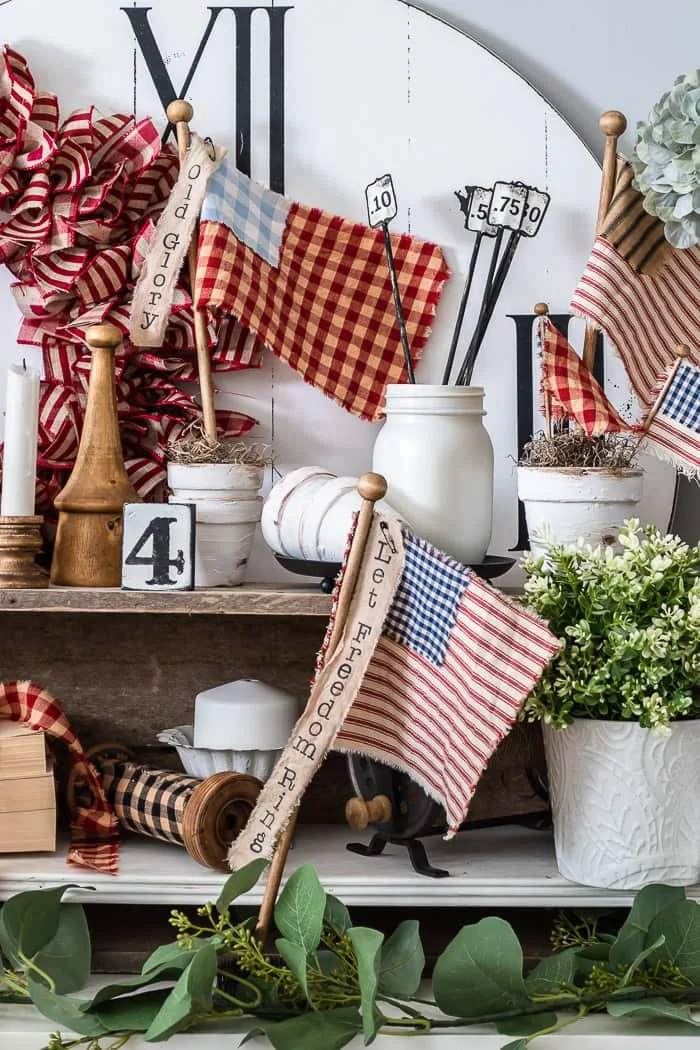 fabric flags with stamped embellishment, patriotic vignette