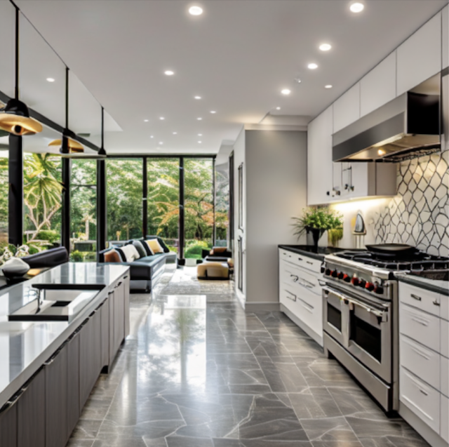 Mid century moden kitchen features a clean and elegant design with white cabinets, black countertops, and stainless steel appliances.