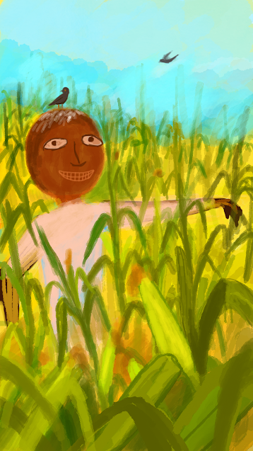 Guardian of the Fields: Scarecrow Watching Over a Village Cornfield