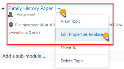 screenshot of clicking the drop down arrow beside a content topic and then clicking on Edit properties in place