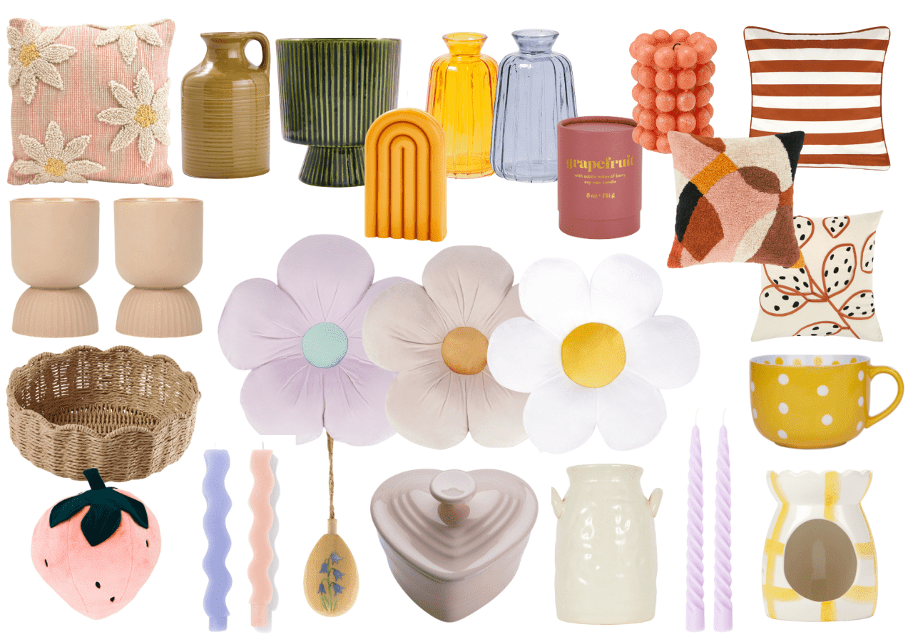 Budget home decor inspiration for Spring 2023. Pastel coloured cushions, twisted candles, Easter decorations and seasonal wreaths to update your home