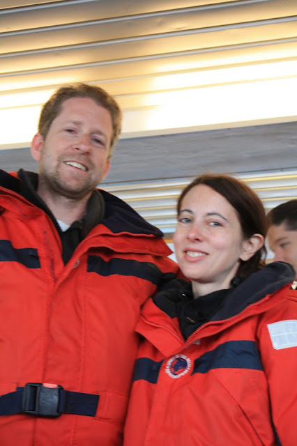 Wearing warm overalls for our whale watching tour in Iceland.