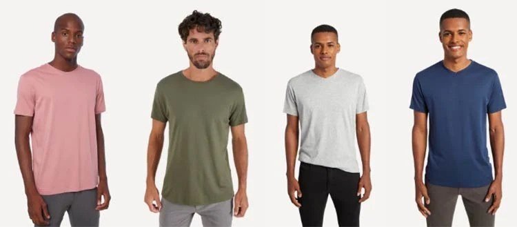 4 homens de frente vestindo camisetas em cores diferentes