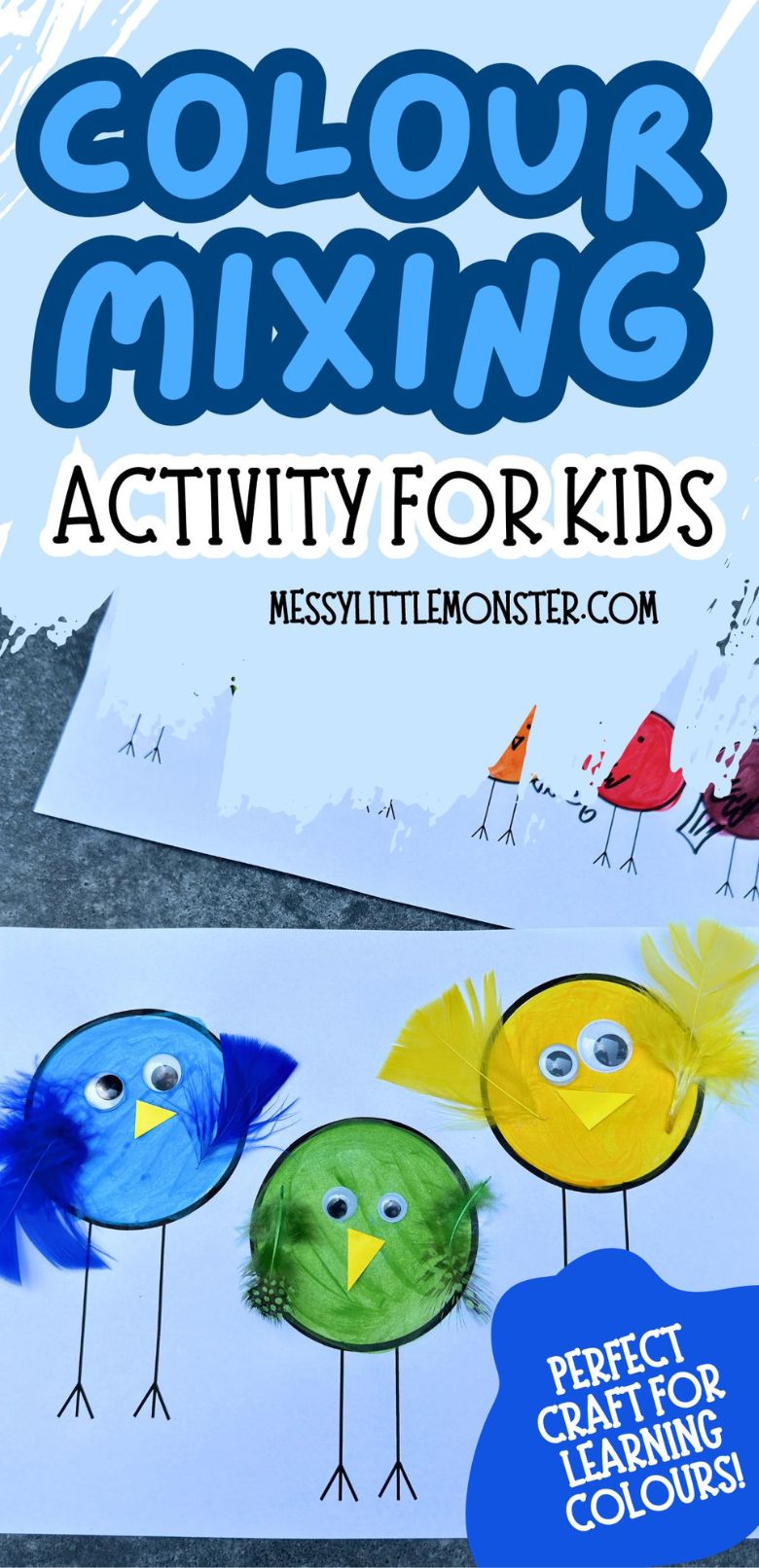 Colour mixing activity for kids with colour mixing worksheet. Bird art project.