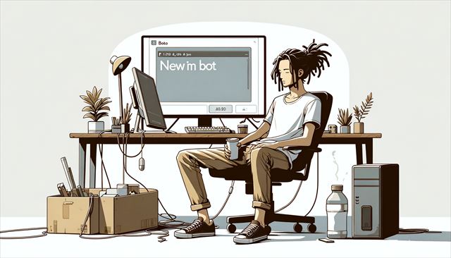 A minimalistic illustration of a casual Japanese man with dreadlocks, shown in a state of low energy and motivation. The scene is set in a simple home office with a computer and a few digital devices, symbolizing the start of his new bot project. The man is seated, looking somewhat lethargic and contemplative, possibly holding a cup of coffee or tea, reflecting his struggle to find motivation. The environment is sparse and uncluttered, emphasizing his mood and the quiet start of his project. The overall style is clean and straightforward, capturing his personal struggle and the beginning of his work.
