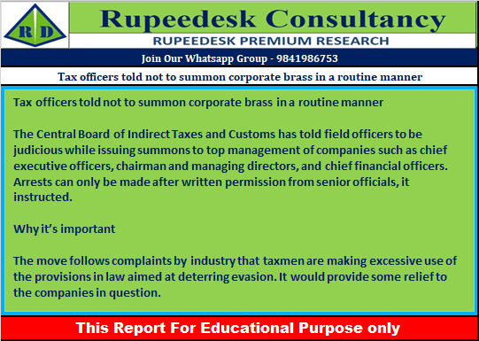 Tax officers told not to summon corporate brass in a routine manner - Rupeedesk Reports - 19.08.2022