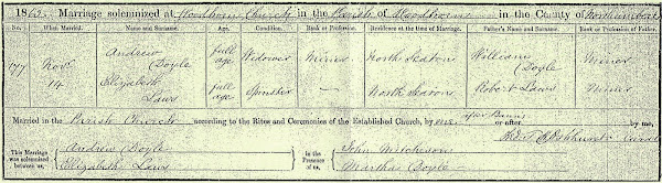 1853 UK Marriage certificate for Andrew Doyle and Elizabeth Laws