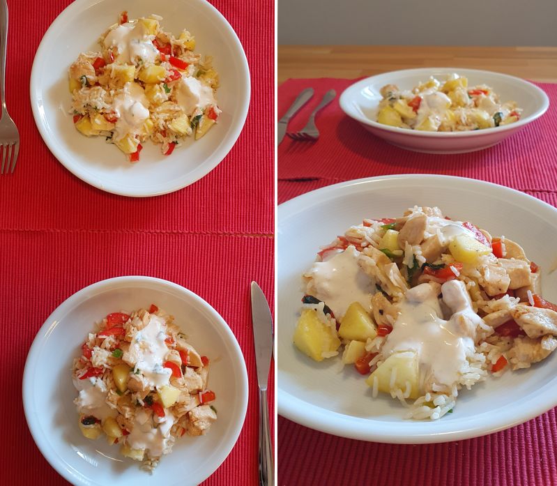 Reispfanne mit Apfel, Frühlingszwiebeln und Paprika