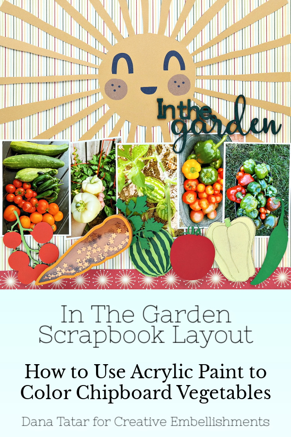 In The Garden Summer Harvest Scrapbook Layout with Hand Painted Chipboard Fruit and Vegetable Embellishments