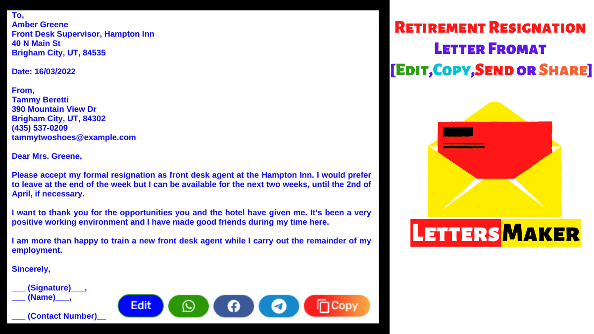 Retirement Resignation Letter Fromat [Edit,Copy,Send or Share]