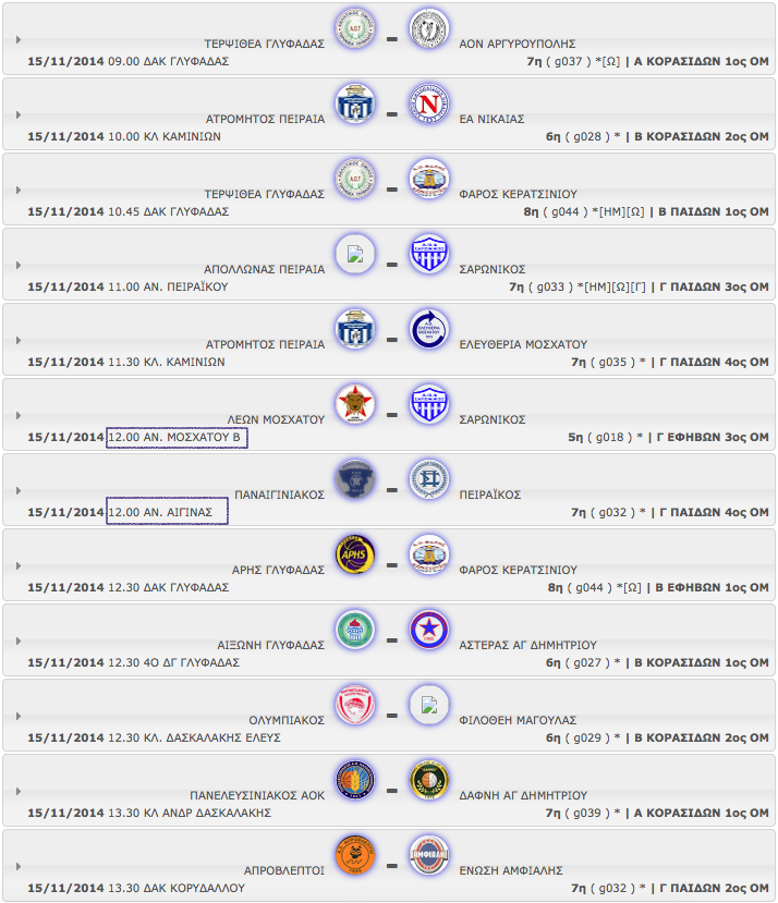 ΣΑΒΒΑΤΟ 15.11.2014 | Το πρόγραμμα αγώνων της ημέρας όλων των κατηγοριών - ομίλων (με βάση την ώρα έναρξης)