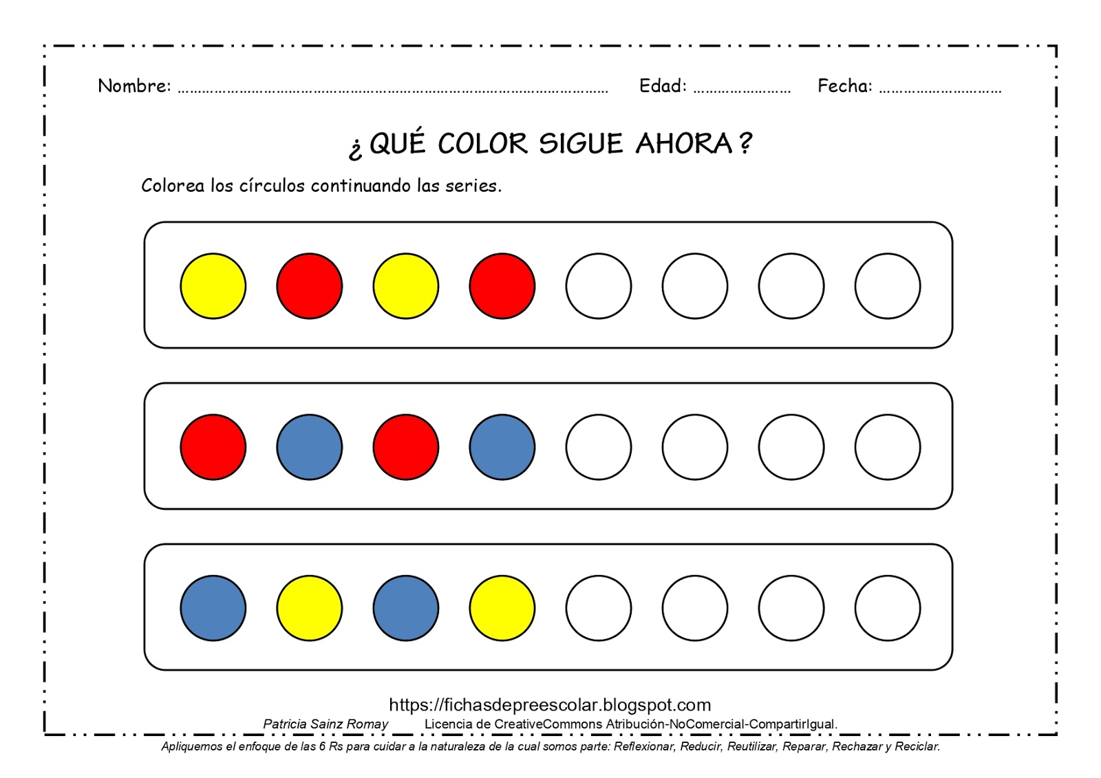 FICHAS DE EDUCACIÓN PREESCOLAR: ¿QUÉ COLOR SIGUE AHORA? Series con ...