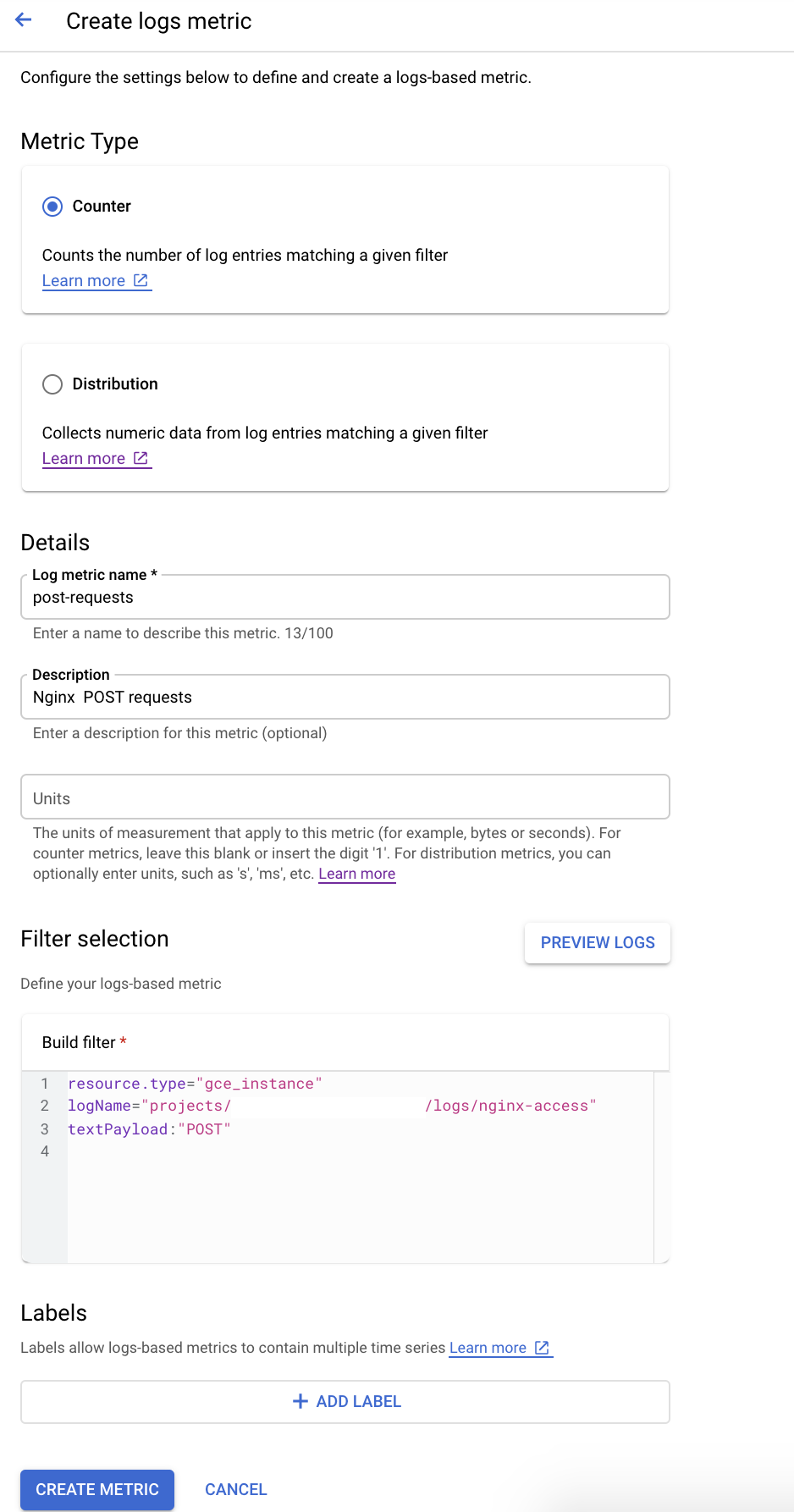 Google Cloud Logging - Creating Log Based metrics