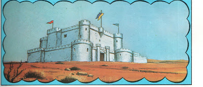 En esta viñeta el un chato castillo que recuerda mucho a la venta, pero es castillo, aparece rodeado de un borde ondulado