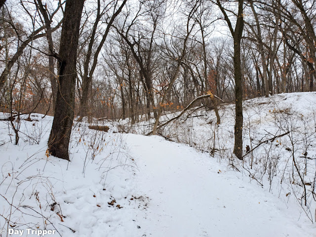 Snow dusted trails at Lebanon Hills Regional Park beckon snowshoers towards a winter wonderland. Image credit Jenn Singer.