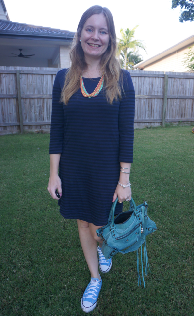 Atmos&Here navy stripe shift dress with converse balenciaga first bag statement necklace | awayfromblue