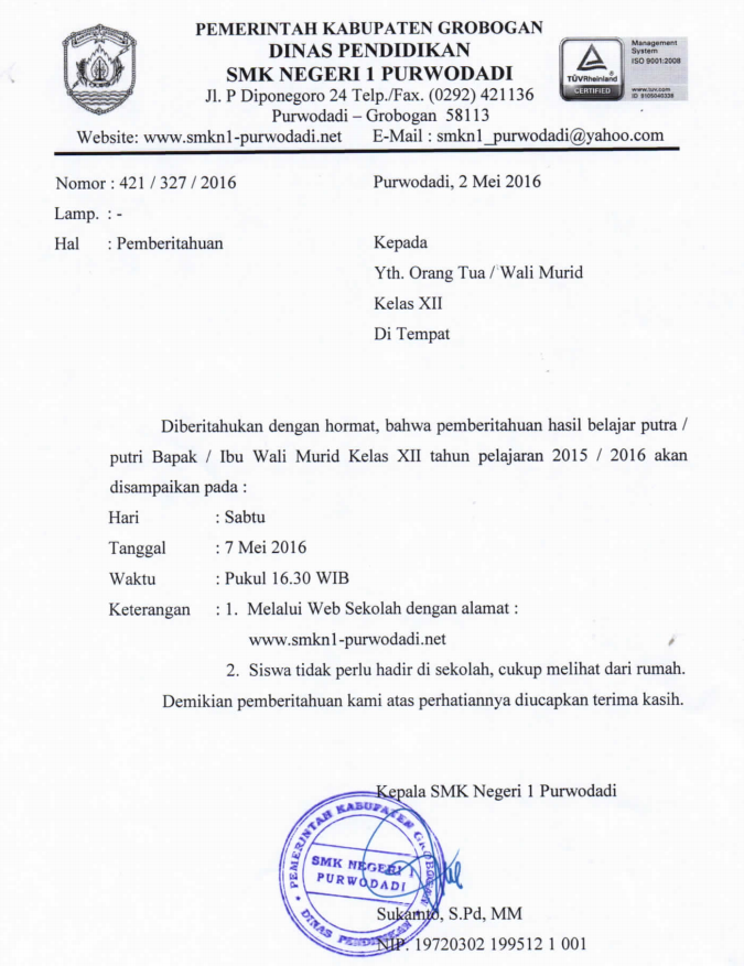 Surat Pemberitahuan Pengumuman Kelulusan Tahun 2016 Smkn 1 Purwodadi