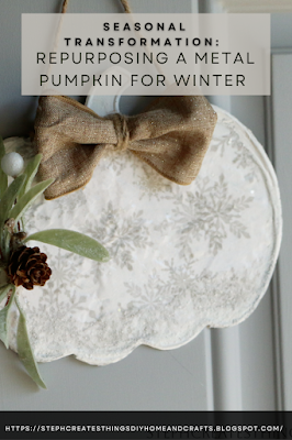 Pinterest pin showing image of metal pumpkin with snowflake pattern with holiday foliage, and bow.