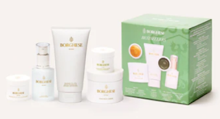 A snapshot of the Borghese Bestsellers Gift Set, showcasing the Advanced Fango Active Mud Mask, Radiante Mask, Curaforte Serum, Bagno di Vita gel, and Tono Body Creme, arranged for a visual treat of skincare favorites.