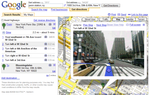 google maps directions with street view