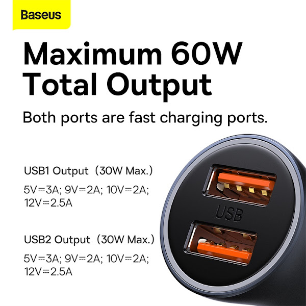 Tẩu Sạc Ô Tô Baseus Golden Contactor Max Dual Fast Charger Car Charger 60W - Phiên bản 2 USB