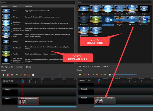 effetti di openshot con miniature e dettagliata