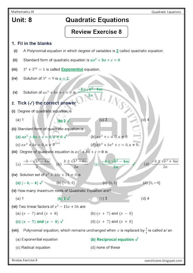 Review Exercise 8 - New Mathematics Class 9th - Quadratic Equations