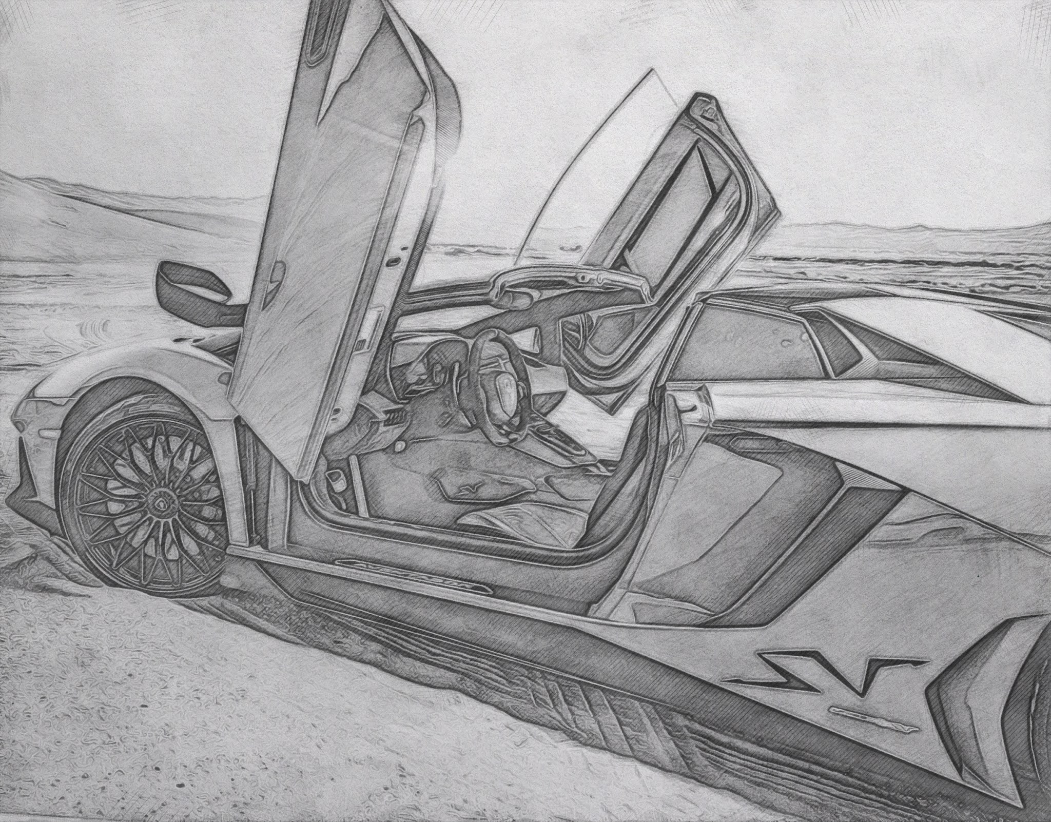 realistic drawing of lamborghini aventador lp750-4 sv roadster