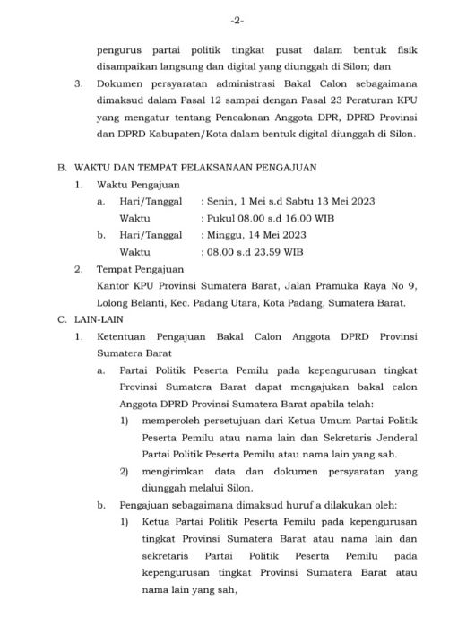 Pengumuman KPU Provinsi Sumatera Barat Terkait Pengajuan Bakal Calon Anggota Dewan Perwakilam Daerah Provinsi Sumatera Barat Untuk Pemilu Serentak Tahun 2024