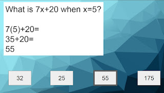 Correct answer is 55: What is 7x+20 when x=5?  7(5)+20= 35+20= 55