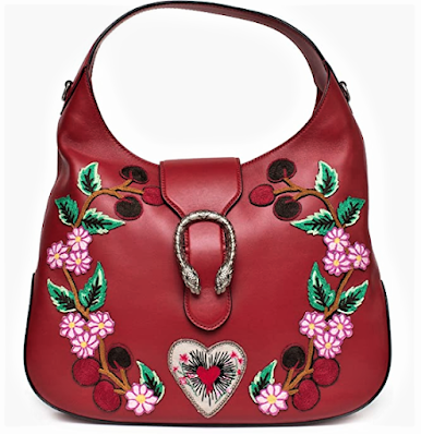 Gucci Red Dionysus Embroidery Cherry Blossoms Leather Shoulder Bag Medium Hobo Handbag.