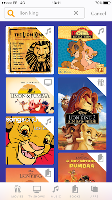 Screenshot of some of the results on DisneyLife search for Lion King taken on an iPhone