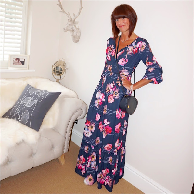 My midlife fashion, preen for debenhams floral maxi dress, iris and ink leather shoulder bag, golden goose superstar low top leather trainers