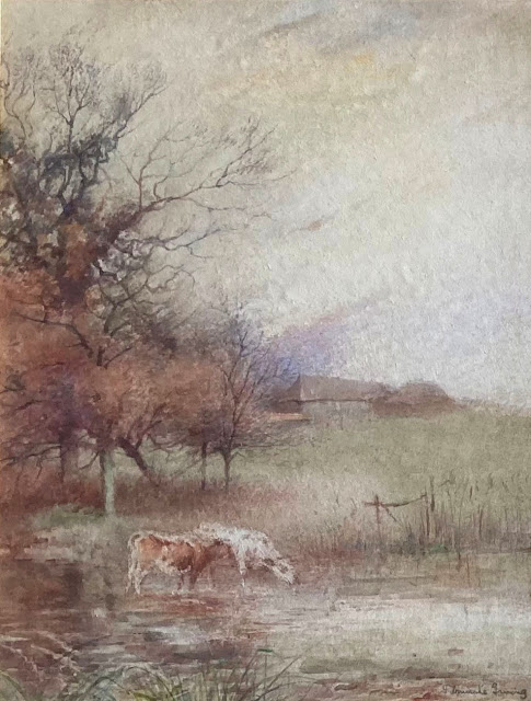 Watercolour of two cows standing in a river, with trees and farm buildings beyond, painted at Milford by James Thwaite Irving